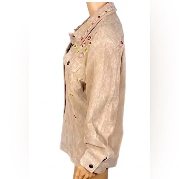 CHICO's Chicos Tan Suede Leather Jean Style Jacket  Boho Embroidery Accent 3 XL - Picture 5 of 7